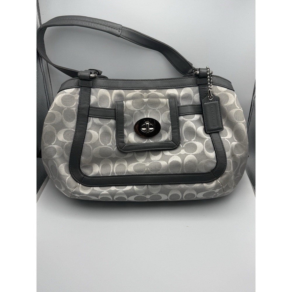 Coach F14931 Signature Stripe Crossbody Bag Black Gray Canvas Leather‎ 2010